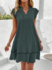 SHEIN Clasi 女士几何印花系带高腰荷叶袖中长连衣裙