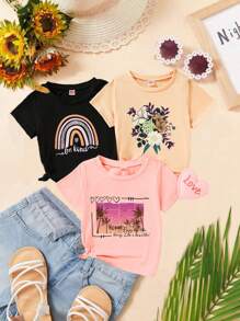 Young Girl Floral And Alphabet Printed Short Sleeve T-Shirt - White - View 1