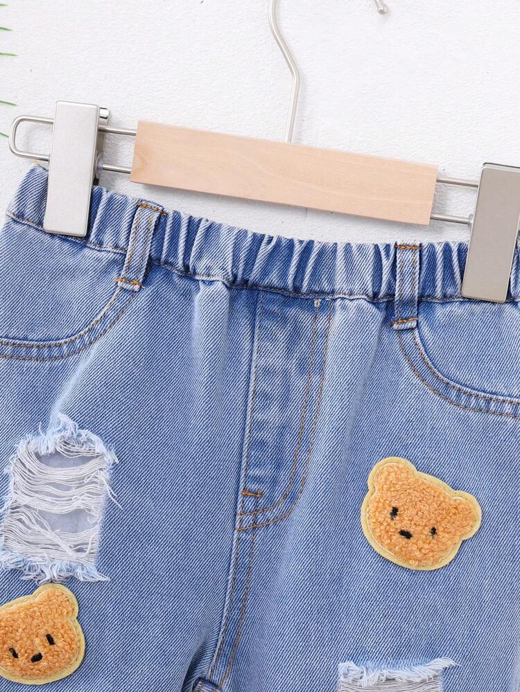 Baby Boy's Light-Colored Casual Loose Fit Denim Jeans With Bear Patch And Distressed Design