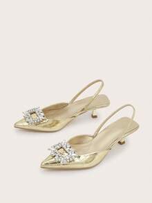 Women's Sweet Princess Style High Heels With Rhinestones, Quality Pointed Toe New Shoes (Random Stone Pattern) - Gold - View 5