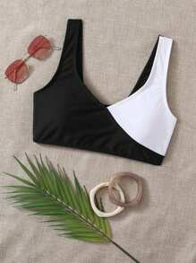 SHEIN Swim Women's Summer Beach Colorblock Bikini Top - Black and White - View 1