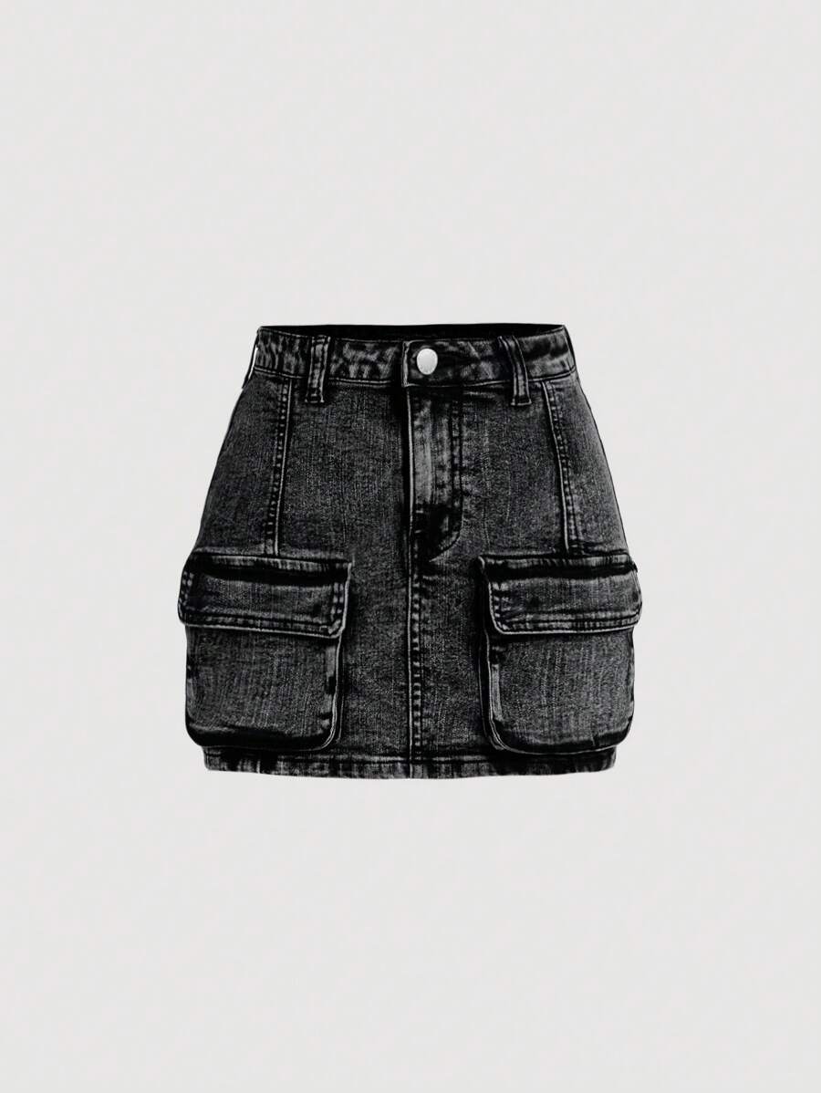 SHEIN Girlism Tween Girls' Y2K Denim Black Skirt With Utility Pockets Girls Summer Clothes Tween Girl Skirt