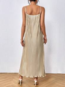 SHEIN Essnce Chất rắn Plisse Váy Dây - Màu Khaki - Xem 2