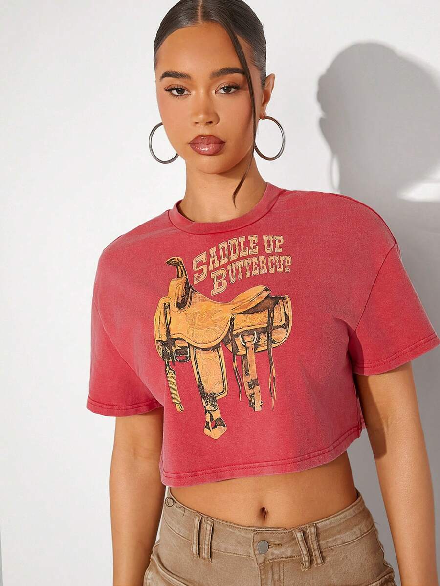 Denimoi Camiseta corta con gráfico occidental SUBE A LA MONTURA CHIQUITA - Marrón - Ver 1