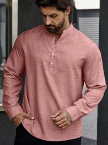 Manfinity Homme Men's Loose Fit Button Down Shirt With Half Placket And Rolled Sleeves, Fall