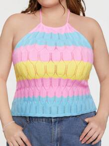 SHEIN Qutie 大码蓝色、粉色、黄色拼色吊带针织上衣 - 彩色 - 查看 5