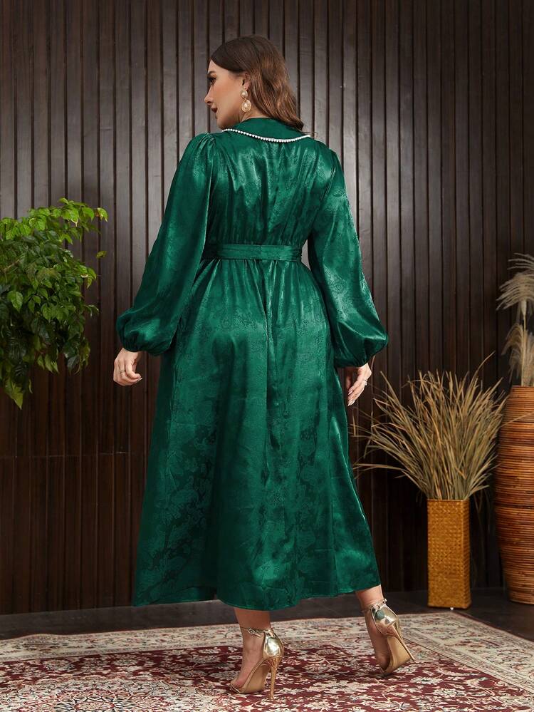 Plus Size Women's Lantern Sleeve Floral Jacquard Dress With Gathered Waist Long Evening Dresses