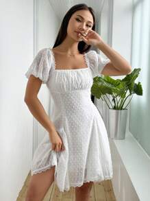 SHEIN Unity Của phụ nữ Cổ vuông Ngắn Ống tay áo Bong bóng Đầm - trắng - Xem 1