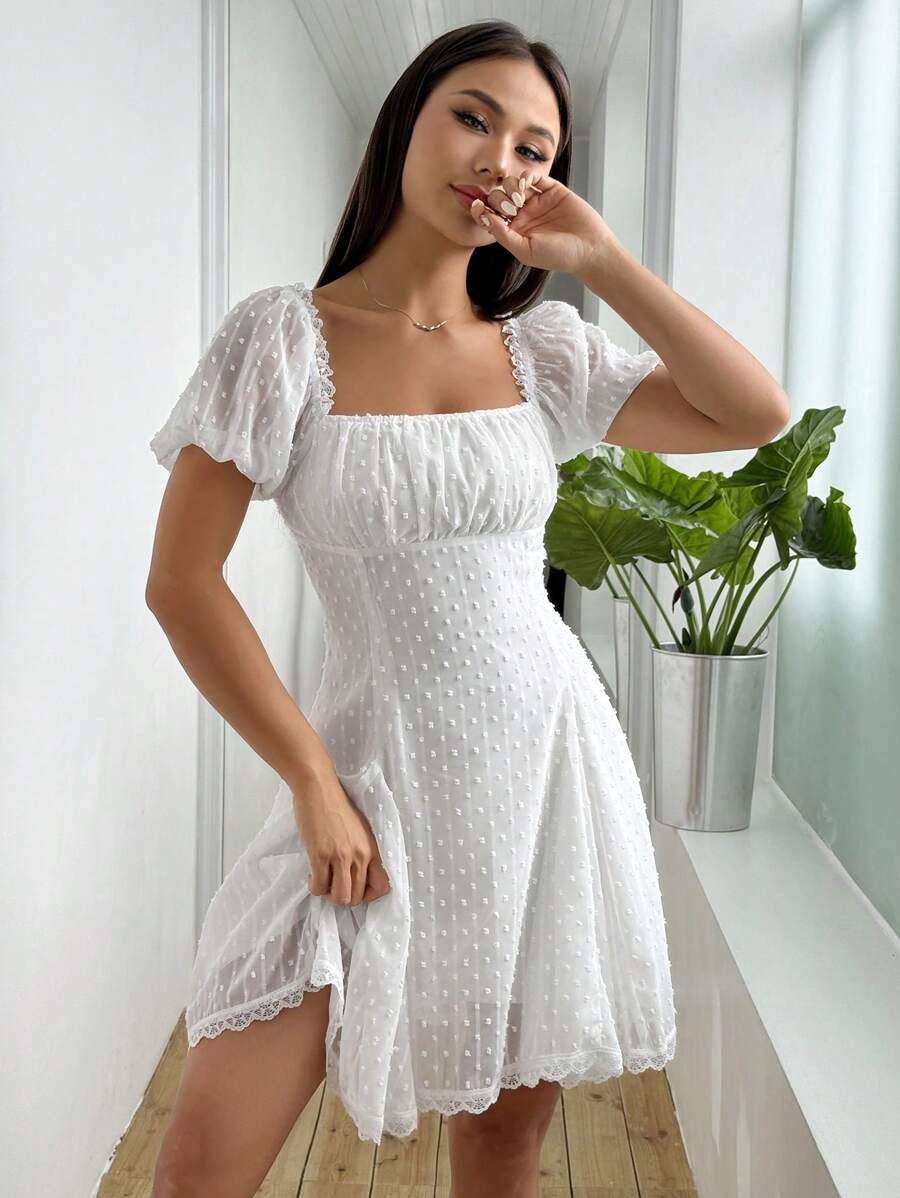 SHEIN Unity Của phụ nữ Cổ vuông Ngắn Ống tay áo Bong bóng Đầm - trắng - Xem 1