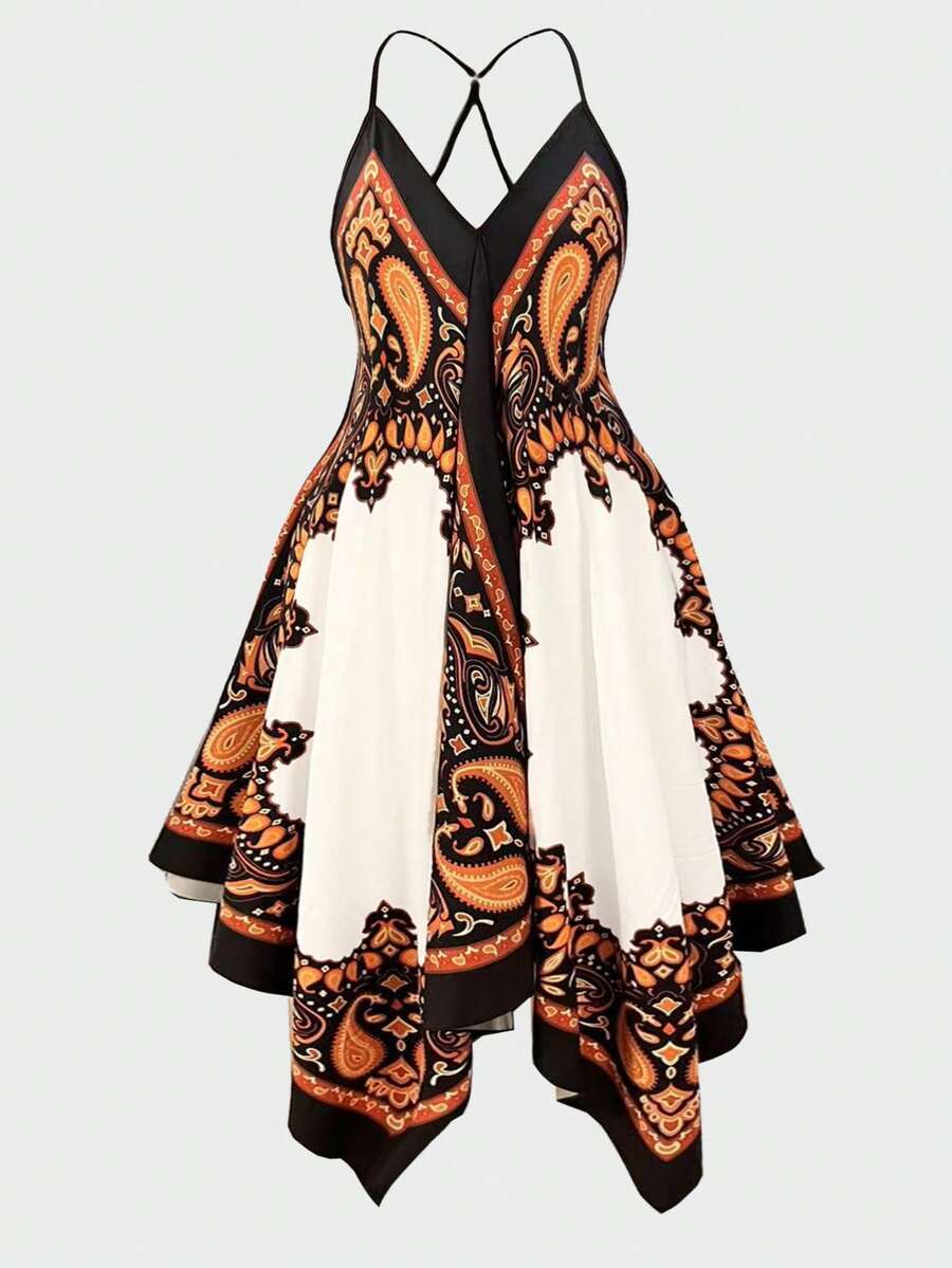 SHEIN Holidaya 大尺碼女士無袖不對稱下擺背心裙,帶有花紋印花 - 彩色 - 查看 1