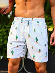 Surfspeed 男士束口腰部仙人掌印花沙灘短褲 - 白色 - 查看 7