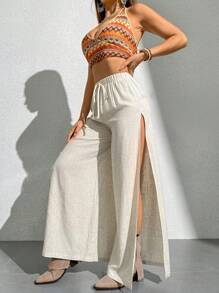 SHEIN PETITE Của phụ nữ Eo cao Khe Mặt trước Quần ống rộng Với thắt lưng - Màu Khaki - Xem 6