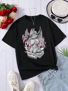 Dark Style Angel Wing Print Crew Neck Street Wear T-Shirt For Teen Girl Unique Design, Popular On INS Summer Holiday - Black - View 1