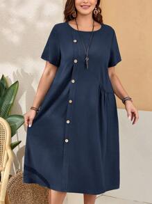 Rosumi 大碼女士寬鬆鈕扣短袖圓領口袋綠色連衣裙,側邊割縫適用於春季