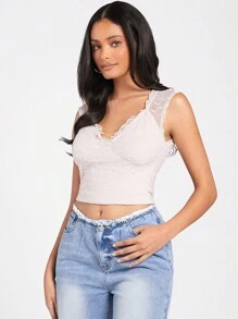 Forever 21 女士網眼透視甜心領蝴蝶結貼身短上衣 - 杏色 - 查看 1
