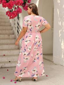 Nemidor Plus Size Floral Print Round Neck Empire Waist Midi Dress - Pink - View 2