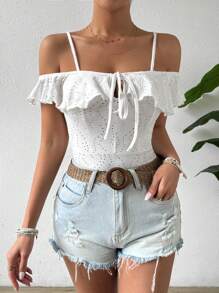 Allurite Women's Ruffle Off-Shoulder Floral Pattern Embroidery Bodysuit - White - View 3