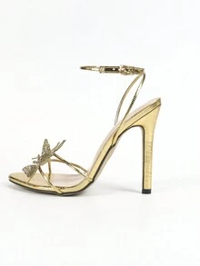 Giày cao gót đế xuồng vàng bóng lấp lánh dành cho nữ có nơ, quai chéo và mũi nhọn, hoàn hảo cho phong cách tiệc tùng gợi cảm - Vàng - Xem 4