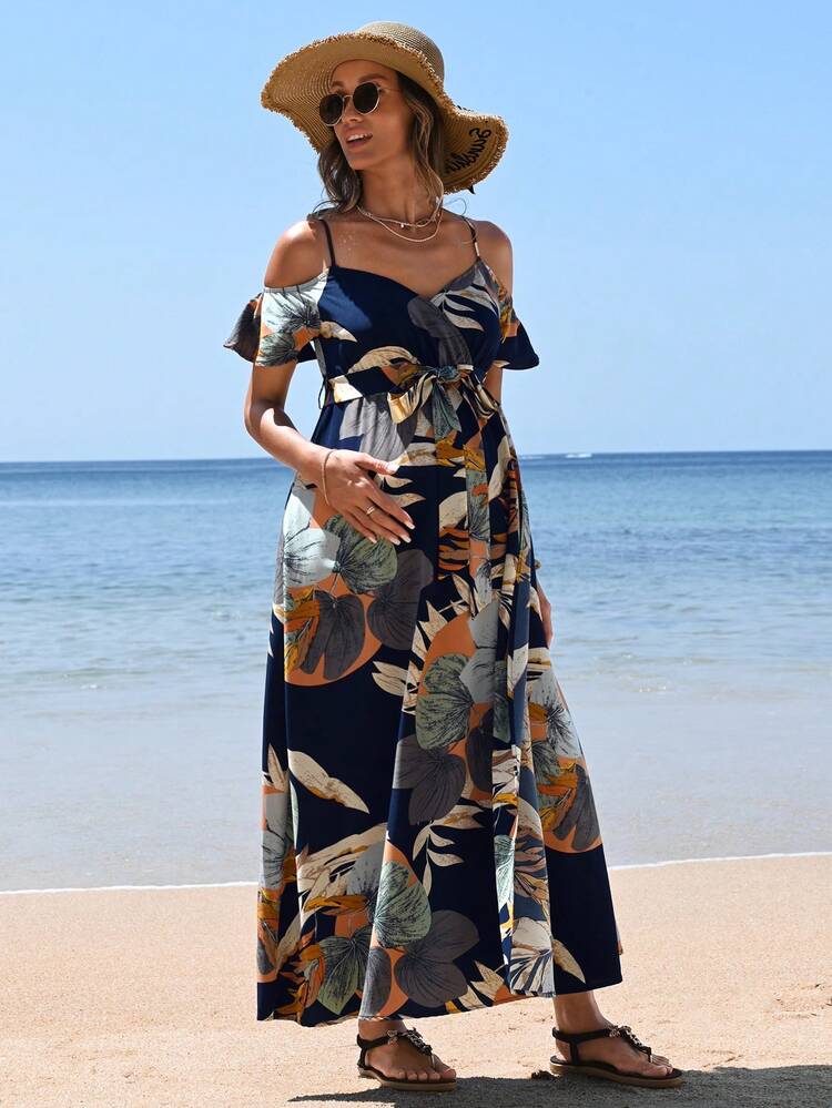 Maternity Cold Shoulder Short Sleeve Dress With Tropical Plant Print