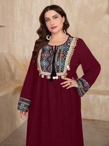 Al Najma Quần áo Ả Rập in họa tiết hình học chắp vá cỡ lớn màu đỏ tía cho nữ - Màu Đỏ Sâu - Xem 5