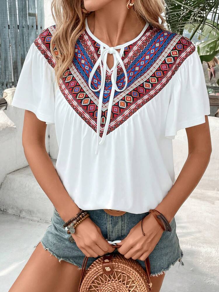 Geometric Printed Patchwork Collar Tie-Front T-Shirt