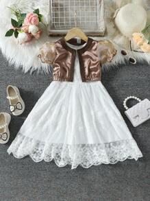 SHEIN Young Girls' Fashionable Lace Dress And Puff Sleeve Top 2pcs/Set - Khaki - View 3