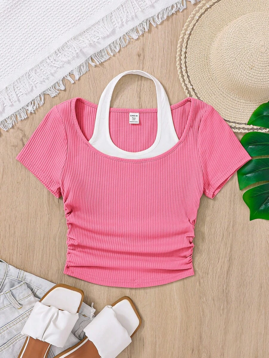SHEIN Teen Girl Knitted Color Block Mock Neck Pleated Short Sleeve Casual T-Shirt