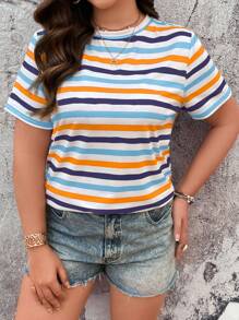 SHEIN Frenchy Camiseta corta de verano informal de talla grande, estilo boho, de bloqueo de color y a rayas - Multicolor - Ver 3