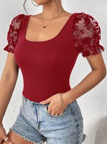 SHEIN Privé 女士花卉絨面網紗拼接泡泡袖t恤 - 紅色 - 查看 6