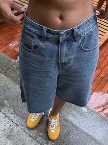 DAZY Shorts de mezclilla sueltos de unicolor de felpa para mujer, ropa de vuelta a la escuela