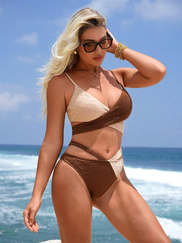Women's Two Tone Cross Wrap Texture Bikini Set, Bikini Set Swimwear Bathing Suit Beach Outfit Summer Vacation Summer Beach