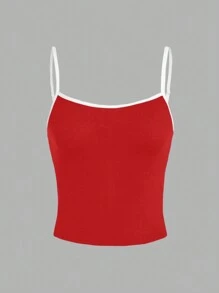 SHEIN EZwear 休閒簡約拼色修身無袖上衣，夏季 - 紅色 - 查看 1