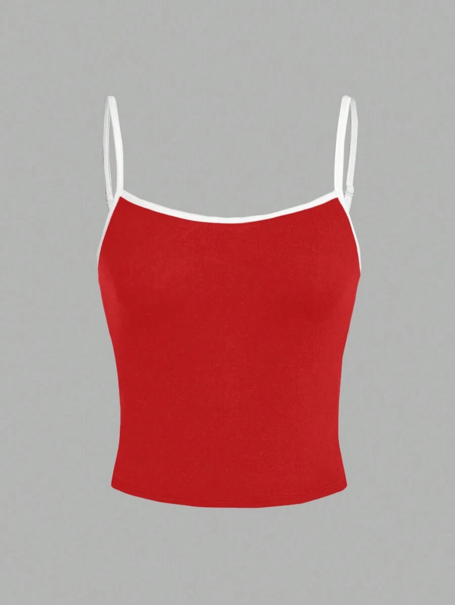 SHEIN EZwear 休閒簡約拼色修身無袖上衣，夏季 - 紅色 - 查看 1