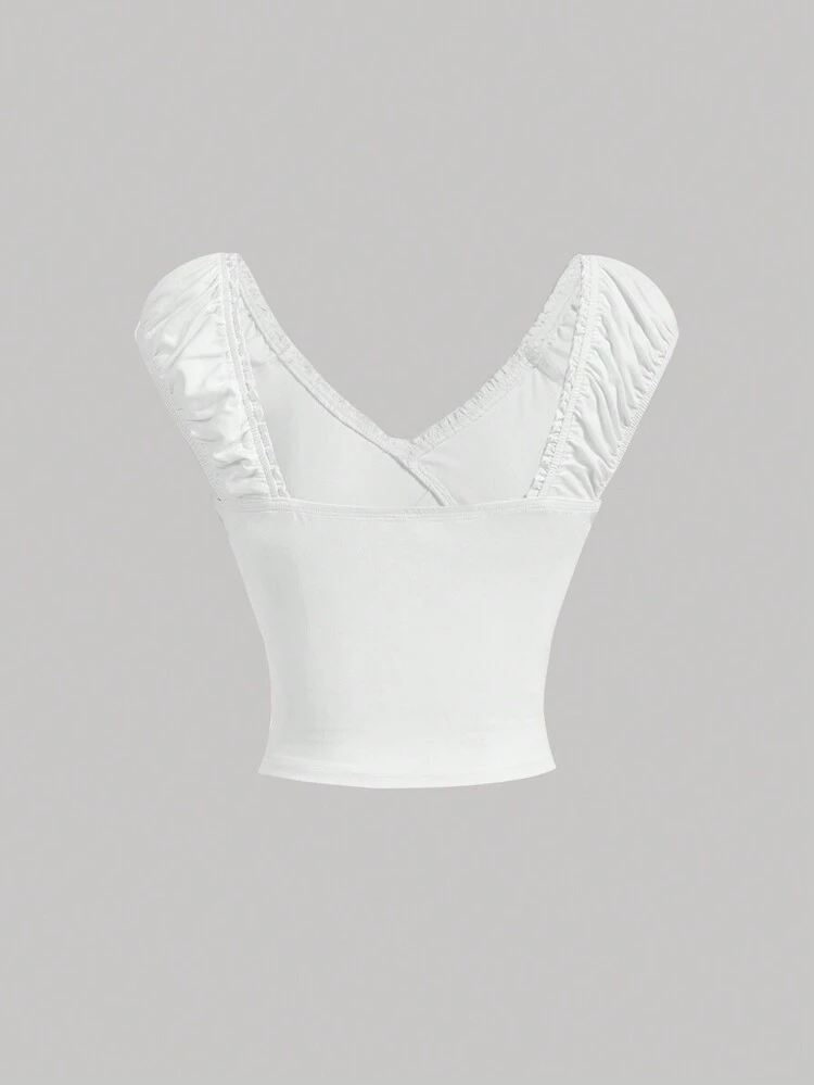 Women's Simple White T-Shirt With Heart Print And Lace Sleeves