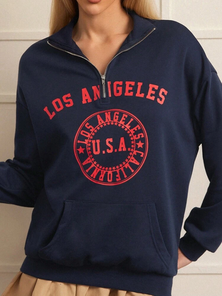 Women's Letter Printed Kangaroo Pocket Drop Shoulder Sweatshirt