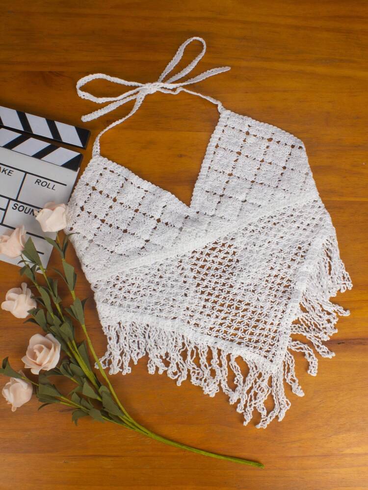 Summer Hollow Knitted Tassel Hem Halter Cover Up
