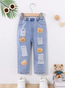 Vaqueros De Mezclilla Informales De Ajuste Holgado De Color Claro Para Bebé Niño Con Parche De Oso Y Diseño Desgastado - Lavado ligero - Ver 1