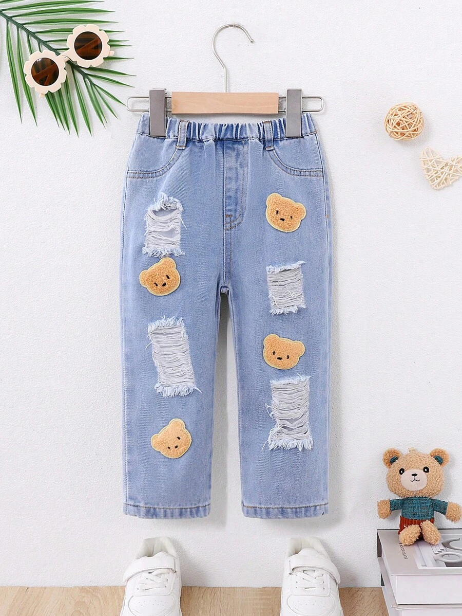 Vaqueros De Mezclilla Informales De Ajuste Holgado De Color Claro Para Bebé Niño Con Parche De Oso Y Diseño Desgastado - Lavado ligero - Ver 1