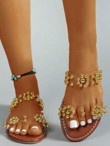 Phụ Nữ Mùa Hè Mới Dép Ngọc Trai Đi Biển Sang Trọng, Thoải Mái Và Dễ Thương Dép Đế Bằng Vàng - Vàng - Xem 5