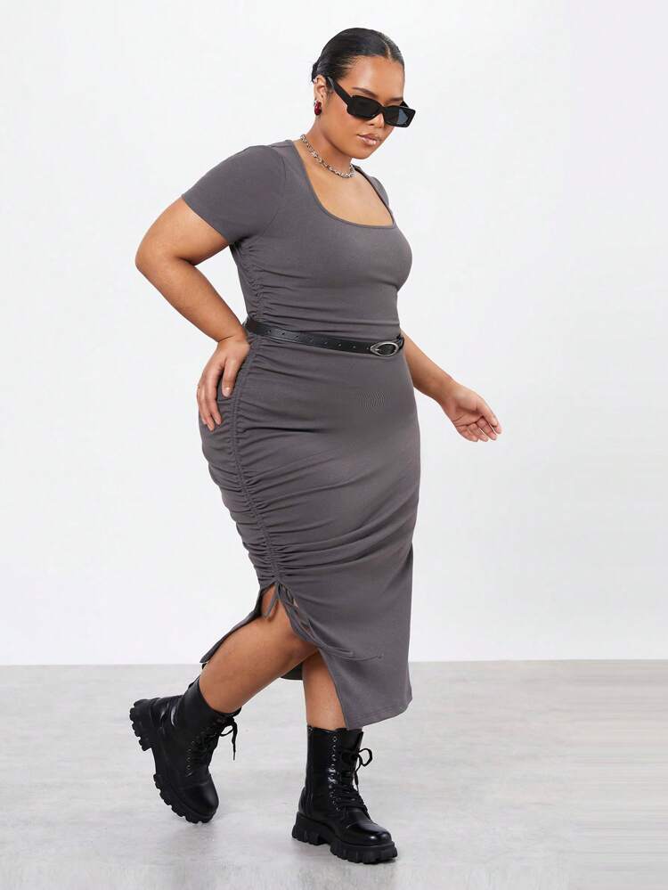 Plus Size Solid Color Slim Fit Sundress With Drawstring And Side Slits