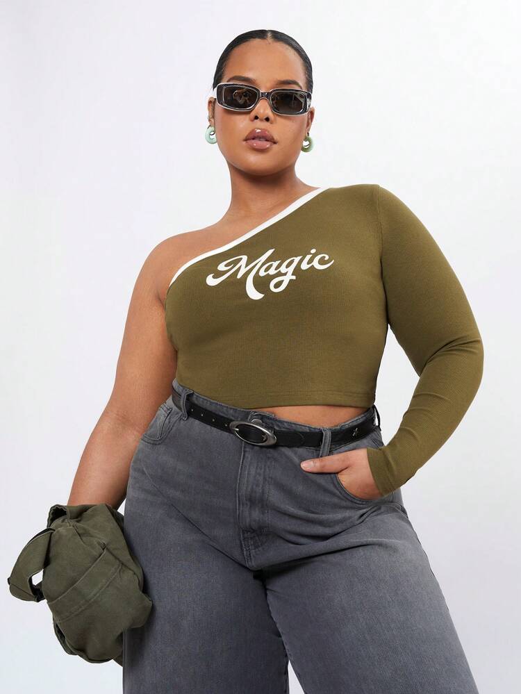Plus Size One Shoulder Slim Fit Top With Letter Printing