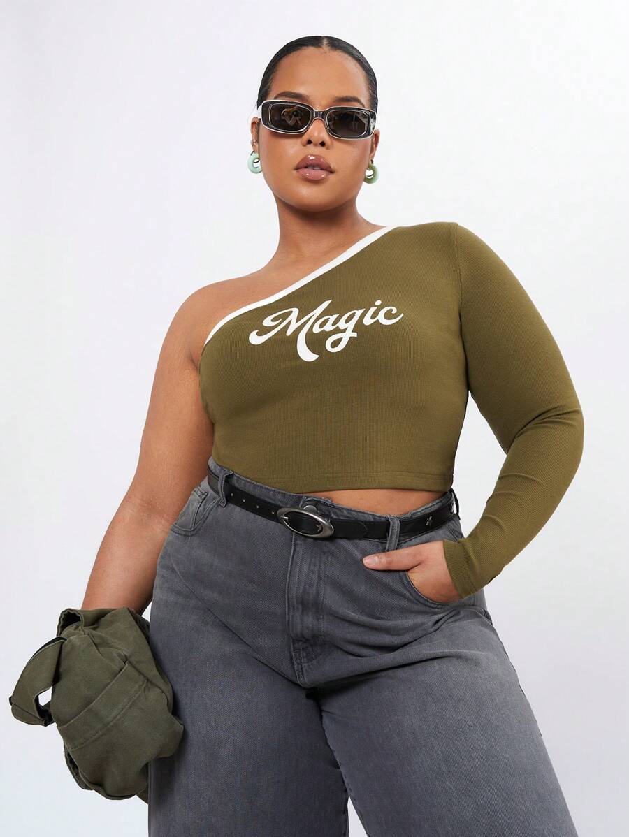 Forever 21 Plus Size One Shoulder Slim Fit Top With Letter Printing - Army Green - View 1