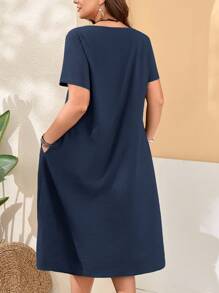 Rosumi 大碼女士寬鬆鈕扣短袖圓領口袋綠色連衣裙,側邊割縫適用於春季