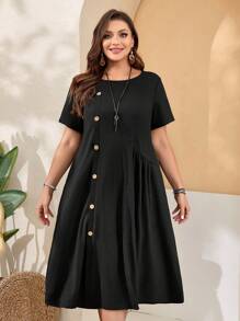 EMERY ROSE 大尺碼女士鬆身紐扣短袖圓領綠色連衣裙,側開叉設計適用於春季穿著