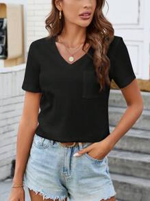 SHEIN LUNE Comfortable And Breathable Casual V-Neck T-Shirt With Pockets, Basic And Fashionable