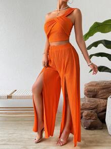 Chiquease Top Texturizado Con Un Hombro Y Pantalones Acampanados De Pierna Dividida Sólidos - Naranja Quemada - Ver 4