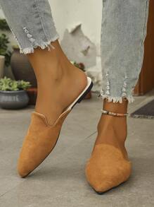 Oversized Women's Gold Pointed Toe Slip-On Flat Mules, Size 35-45, Outdoor & Casual PU Upper Soft Bottom Loafers, Stylish Slip-On Wearing Slippers Suitable For Dresses, New Arrival For Autumn