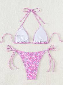Swim Mod Summer Beach Women's Ditsy Floral Print Halter Neck Tie Bikini Set - Purple - View 4