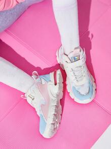 JNSQ Girls Hook-and-loop Fastener Lace Up Design Letter Graphic Chunky Shoes For Spring - Multicolor - View 8