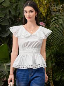 Seusyu 女士蕾丝拼布彼得潘领无袖衬衫